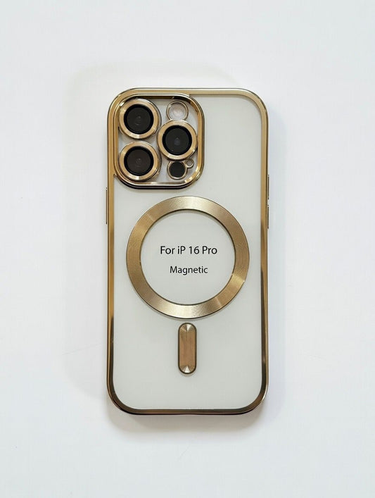 Magnetic Clear Case with Gold Frame for iPhone 16 Pro