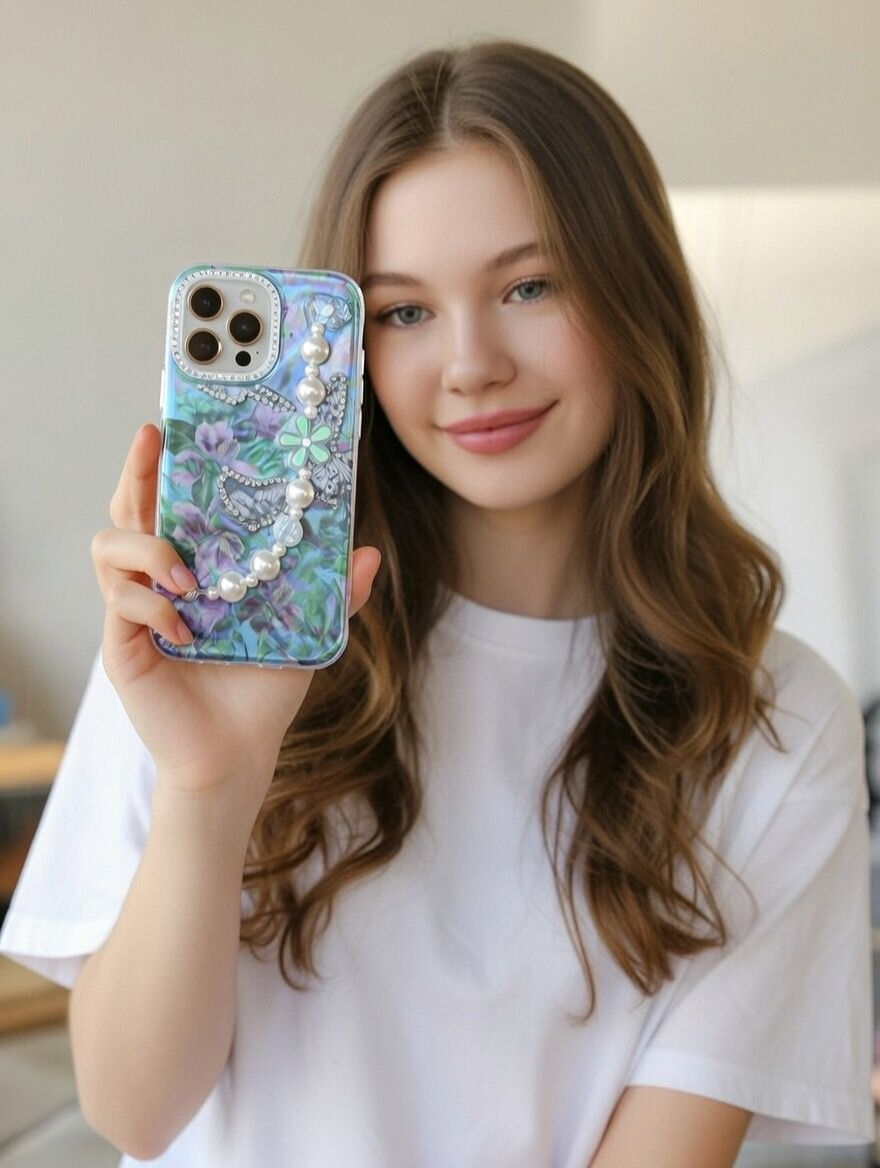 Butterfly Pearl Strap Case for iPhone 16 Pro